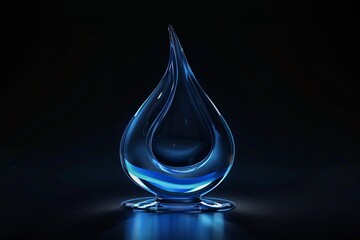 Poster - Elegant blue glass water droplet sculpture illuminated softly against a dark background in a contemporary display setting. Generative AI