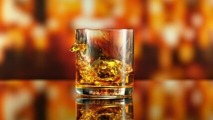 Fototapete - Super Slow Motion of Falling Ice into Glass of Whiskey. Filmed on High Speed Cinema Camera, 1000 fps. Bar on Background, Low Depth of Focus. Speed Ramp Effect.