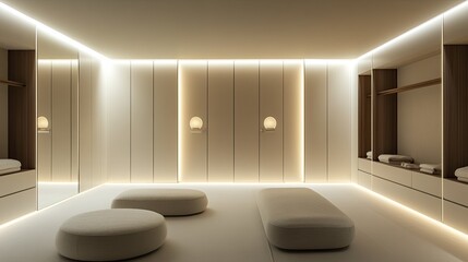 Poster - A serene, white minimalist changing room featuring elegant cabinetry, soft lighting, and plush seating, creating an atmosphere of luxury and tranquility.