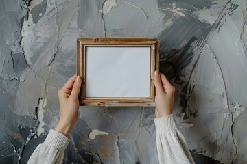 Poster - A person holds a rustic wooden frame against a textured abstract gray wall, highlighting a blank canvas for creativity. Generative AI