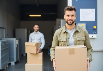 man in his 30s wearing a yellow jacket, holding a box, handling loading and unloading in warehouse s