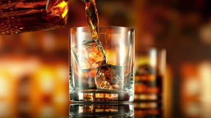 Poster - Super Slow Motion of Pouring Whiskey into Glass. Filmed on High Speed Cinema Camera, 1000 fps. Bar on Background, Low Depth of Focus.