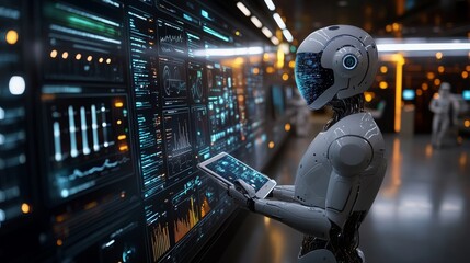 Poster - Futuristic workspace showcasing advanced AI interacting with high-tech data displays