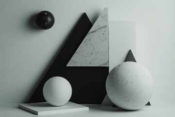 Poster - Geometric shapes in neutral tones arranged artfully on a minimalist backdrop with contrasting textures and forms. Generative AI