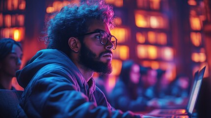 Poster - Holographic AI professors guide students in a futuristic university setting during evening classes