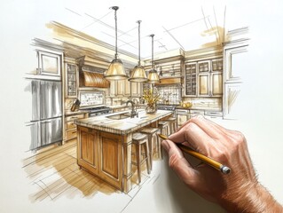 Kitchen interior design illustration with hand holding pencil isolated on white background