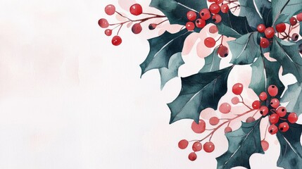 Wall Mural - Watercolor Holly Berries and Leaves Corner Border.