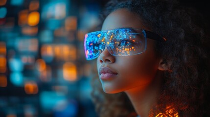 Poster - Young person in AR glasses interacting with virtual avatars in a digital world