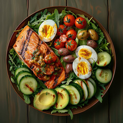 Wall Mural - healthy salad with shredded chicken, avocado, chickpeas, boiled eggs, and cherry tomatoes