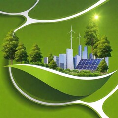 Wall Mural - A high-resolution ultrarealistic image shows a vibrant green leaf with intricate cutouts depicting a sustainable cityscape. The seamless design portrays a house, wind turbines, skyscrapers, trees, a c