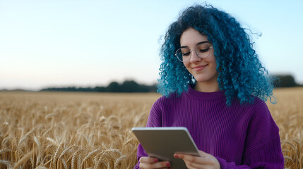 Young woman agricultural engineer with blue curly hair and purple sweater using digital tablet working in golden wheat field farmer engineer during analysis o the harvest