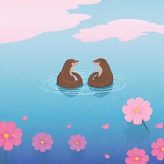 Sticker - Two cute otters floating in a serene blue water, their bodies curved to form a heart shape. 