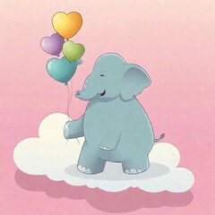 Wall Mural - Cute cartoon of baby elephant holding heart-shaped balloons standing on cloud. Elephant has happy expression, and scene is filled with pastel colors.