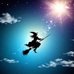 Canvas Print - Artistic representation of witch flying on broom with glowing stars trailing behind.