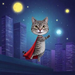 Wall Mural - A heroic gray tabby with a cape made of shimmering starlight, flying over a neon-lit city while creating a protective shield for citizens below, showcasing glowing paws.