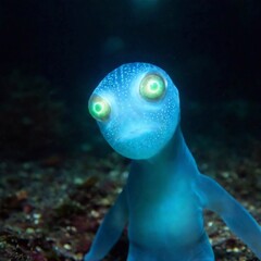 Wall Mural - Bioluminescent Alien: A close-up portrait of a bioluminescent blue skin creature looking at camera 