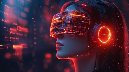 Poster - A futuristic AI head with glowing headphones aiding customer interactions in a digital landscape