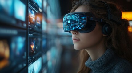 Poster - Holographic AI specialists engaged in virtual reality analysis at a technology hub