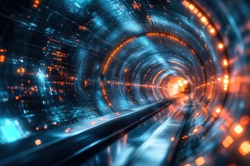 Poster - A futuristic tunnel illuminated by glowing lights and digital patterns at night