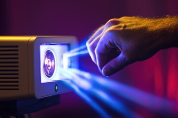 Poster - Hand Interacting with Projector Beam, Light Show