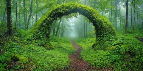 Poster - A Natural Archway Formed by Overgrown Trees in a Misty Forest