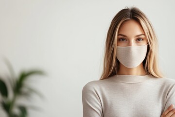 A young woman wearing a mask poses confidently in a modern indoor setting