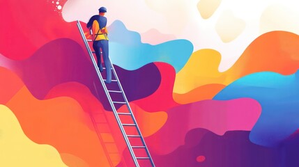 Aufkleber - A man in a hardhat climbs a ladder towards a colorful, abstract background.