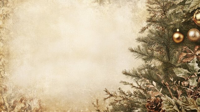 Ornate holiday card with Christmas tree, ornaments, and a decorative floral border. Background offers space for warm, festive greetings.