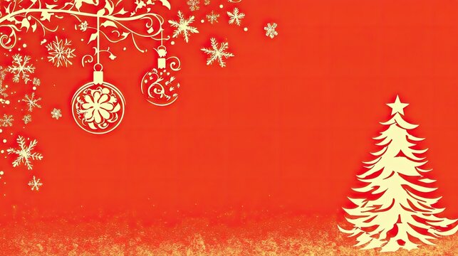 Ornate holiday card with Christmas tree, ornaments, and a decorative floral border. Background offers space for warm, festive greetings.