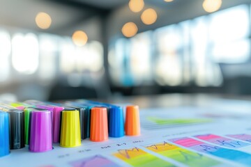Poster - Colorful Highlighter Pens Beside Financial Graphs on White Desk