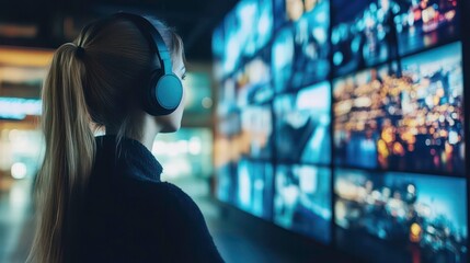 Poster - A young woman with headphones looks at a large screen display with multiple images.