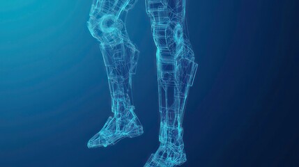 Poster - Wireframe digital illustration of a robotic exoskeleton lower body on a blue background.