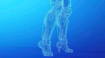 Poster - Close-up of transparent robotic legs with futuristic footwear against a blue gradient background.