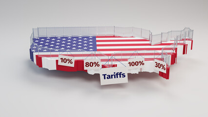 Concept: Trade protectionism by the United States of America by implementing tariffs. A security fence built around a 3d map of the USA with signs 