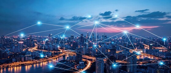 Poster - A Nighttime Cityscape with a Network of Interconnected Nodes