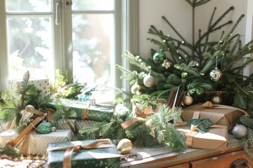 Wall Mural - festive holiday gifts and evergreen decorations