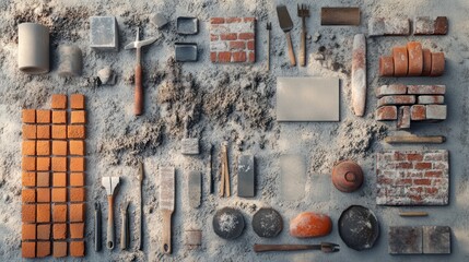 Poster - Bricklaying foundation work, with cement and brick textures, tools arranged on white.