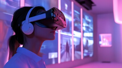 Poster - A person wearing a VR headset, immersed in a digital environment with screens in the background.