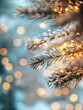 © AI Photo Stock - A close-up of a snow-covered Christmas tree branch adorned with twinkling lights, symbolizing joy, celebration, winter, and the magic of the holiday season.