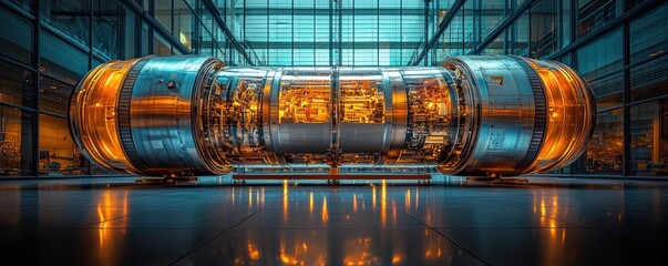 Aufkleber - A Metallic Cylinder with a Glowing Interior Displayed in a Modern Building