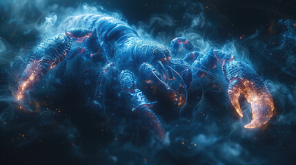 blue symbol fire astrological sign, cancer with claws smokes on a black background
