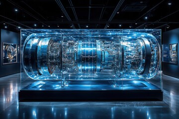 Poster - A Glass Case Displaying a Complex, Shiny, Metallic Object