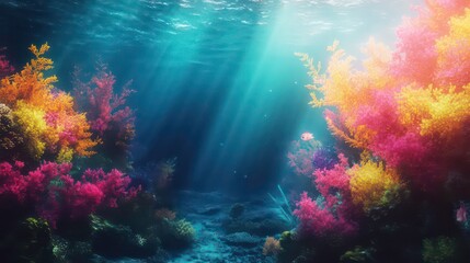 Aufkleber - Vibrant underwater scene with colorful corals and beams of light filtering through water.