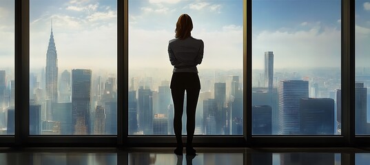 Poster - A businesswoman standing in front of a large digital screen showing a business presentation
