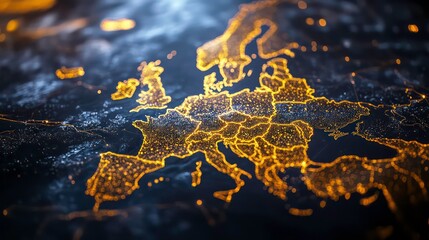 Poster - A glowing map of Europe highlighting cities and infrastructure at night.