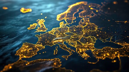 Poster - Vibrant nighttime map of europe highlighting city activity with glowing yellow and orange lights