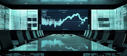 Poster - A clean and modern boardroom with a large screen displaying a financial projection chart, set in a corporate environment