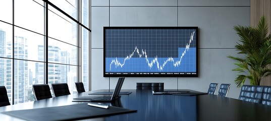 Poster - A clean and modern boardroom with a large screen displaying a financial projection chart, set in a corporate environment