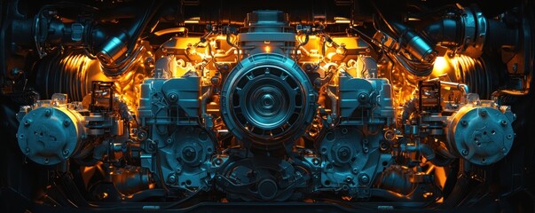 Poster - Close-up of a Shiny Engine with Blue and Orange Lighting