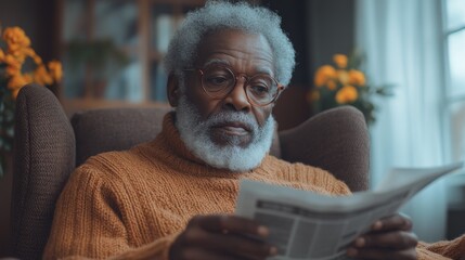 Poster - An elderly man with gray hair and glasses enjoys reading a newspaper in his cozy armchair. The sunlight streams in from the window, highlighting the flowers nearby and creating a warm atmosphere.